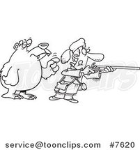 Cartoon Black and White Line Drawing of a Bear Tapping a Hunter on the Shoulder by Toonaday