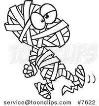 Cartoon Black and White Line Drawing of a Walking Mummy by Toonaday
