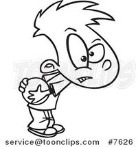 Cartoon Black and White Line Drawing of a Boy Hogging a Ball by Toonaday