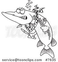Cartoon Black and White Line Drawing of a Hungry Muskie Fish by Toonaday