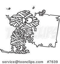 Cartoon Black and White Line Drawing of a Creepy Mummy Holding a Blank Sign by Toonaday