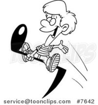 Cartoon Black and White Line Drawing of a Boy Riding a Music Note by Toonaday