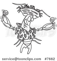Cartoon Black and White Line Drawing of a Lobster Shaking Maracas by Toonaday