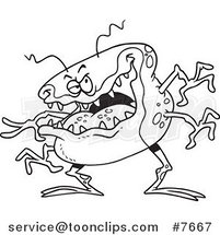 Cartoon Black and White Line Drawing of a Laughing Flu Bug by Toonaday