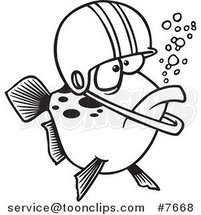 Cartoon Black and White Line Drawing of a Football Fish Wearing a Helmet by Toonaday