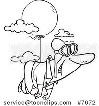 Cartoon Black and White Line Drawing of a Guy Floating Through the Sky with a Balloon by Toonaday