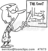 Cartoon Black and White Line Drawing of a Female Foot Doctor Pointing at a Chart by Toonaday