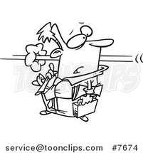 Cartoon Black and White Line Drawing of a Person Flying by a Business Man by Toonaday