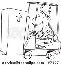 Cartoon Black and White Line Drawing of a Forklift Operator Moving a Box by Toonaday