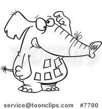 Cartoon Black and White Line Drawing of a Forgetful Elephant with Notes on His Belly by Toonaday