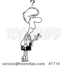 Cartoon Black and White Line Drawing of a Reminder String on a Forgetful Lady's Finger by Toonaday