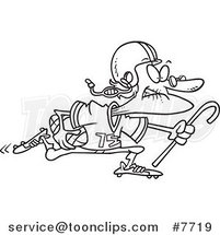 Cartoon Black and White Line Drawing of a Granny Football Player by Toonaday