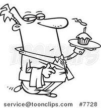 Cartoon Black and White Line Drawing of a Formal Waiter Serving a Cupcake by Toonaday