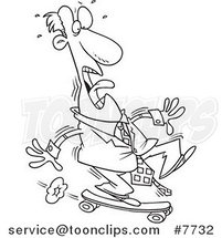 Cartoon Black and White Line Drawing of a Foolish Business Man Riding a Skateboard by Toonaday