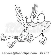 Cartoon Black and White Line Drawing of a Flying Winged Frog by Toonaday
