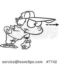 Cartoon Black and White Line Drawing of a Focused Boy Pitching a Baseball by Toonaday
