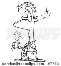 Cartoon Black and White Line Drawing of a Fly Buzzing Around a Business Man Holding Coffee by Toonaday