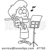 Cartoon Black and White Line Drawing of a Flautist Girl by Toonaday