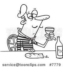 Cartoon Black and White Line Drawing of a French Guy with Wine and Bread by Toonaday