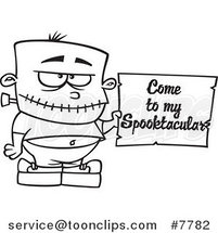 Cartoon Black and White Line Drawing of a Frankenstein Boy Holding a Come to My Spooktacular Party Sign by Toonaday