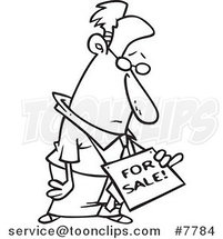 Cartoon Black and White Line Drawing of a Business Man Wearing a for Sale Sign on His Neck by Toonaday