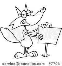 Cartoon Black and White Line Drawing of a Fox Presenting a Blank Sign by Toonaday