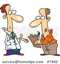 Cartoon Doctor Talking to a Patient Filling out Forms by Toonaday