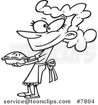 Cartoon Black and White Line Drawing of a Lady Holding out a Fresh Pie by Toonaday