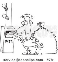 Cartoon Line Art Design of Security Cameras on a Guy Putting a Letter in a Mail Box by Toonaday