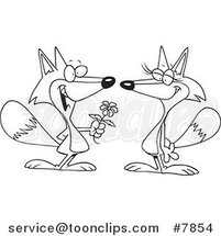 Cartoon Black and White Line Drawing of a Romantic Fox Giving His Mate a Flower by Toonaday