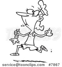 Cartoon Black and White Line Drawing of a Female Jogger Eating Her Fruits and Veggies by Toonaday