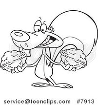 Cartoon Black and White Line Drawing of a Squirrel Holding Two Nuts by Toonaday