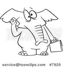 Cartoon Black and White Line Drawing of an Elephant Talking on a Cell Phone by Toonaday