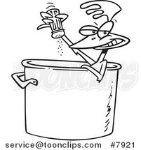 Cartoon Black and White Line Drawing of a Chicken Seasoning Himself in a Soup Pot by Toonaday