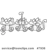 Cartoon Black and White Line Drawing of No Evil Cats by Toonaday