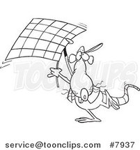 Cartoon Black and White Line Drawing of a Rat Carrying a Checkered Flag by Toonaday
