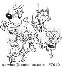 Cartoon Black and White Line Drawing of Cats and Dogs Raining down by Toonaday