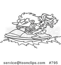 Cartoon Line Art Design of a Mother and Daughter Riding a Jet Ski by Toonaday