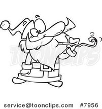 Cartoon Black and White Line Drawing of Santa Celebrating by Toonaday