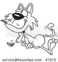 Cartoon Black and White Line Drawing of a Cat with a Bird in His Mouth by Toonaday