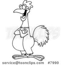 Cartoon Black and White Line Drawing of a Happy Rooster by Toonaday