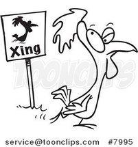 Cartoon Black and White Line Drawing of a Chicken Crossing by a Sign by Toonaday