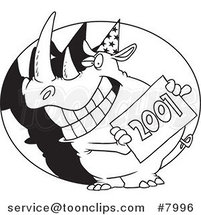 Cartoon Black and White Line Drawing of a New Year Rhino Holding a Sign by Toonaday