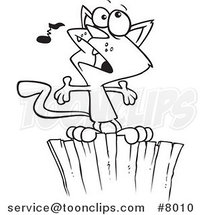 Cartoon Black and White Line Drawing of a Cat Singing on a Fence by Toonaday