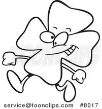 Cartoon Black and White Line Drawing of a Walking St Patricks Day Clover by Toonaday