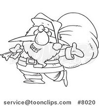 Cartoon Black and White Line Drawing of Santa Happily Carrying a Sack by Toonaday