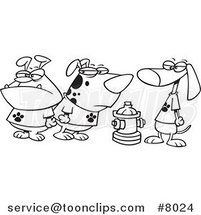 Cartoon Black and White Line Drawing of a Clique of Dogs by a Hydrant by Toonaday