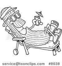Cartoon Black and White Line Drawing of a Cool Cucumber in a Lounge Chair by Toonaday