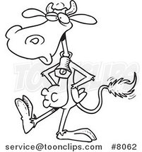 Cartoon Black and White Line Drawing of a Cow Wearing a Bell and Walking Upright by Toonaday