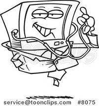 Cartoon Black and White Line Drawing of a Desktop Computer Doctor by Toonaday